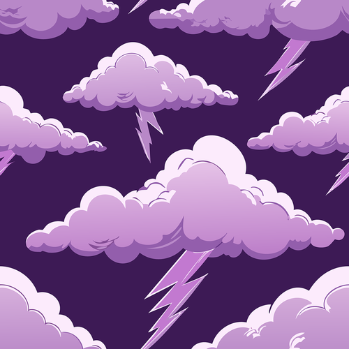 Purple storm clouds with pink lightning bolts on dark violet background