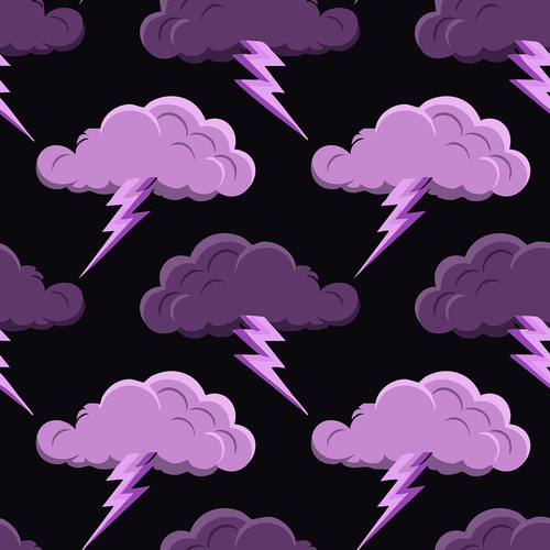Purple clouds with pink lightning bolts on black background, seamless pattern design
